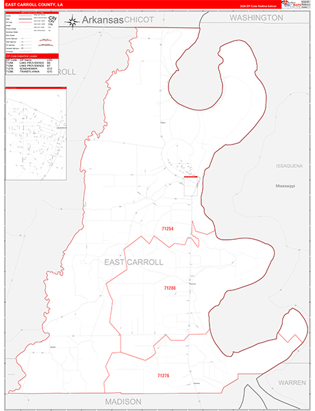 East Carroll Parish (County), LA Wall Map Red Line Style